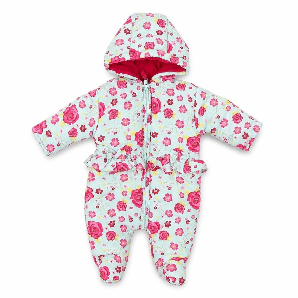 Front view of Chloe Louise Newborn Floral Snowsuit - Multicoloured Winter Essential