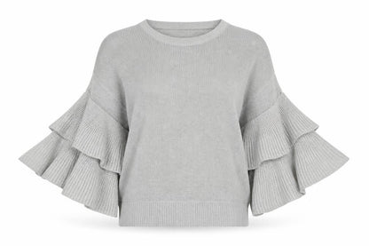 DKNY Women's Grey Knit Jumper, Size S with Ruffle Sleeves