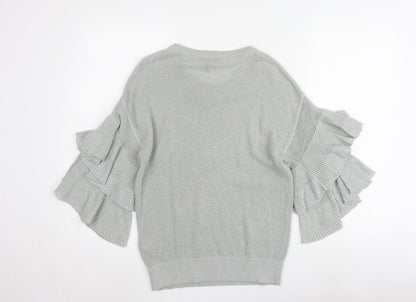 DKNY Women's Grey Knit Jumper, Size S with Ruffle Sleeves