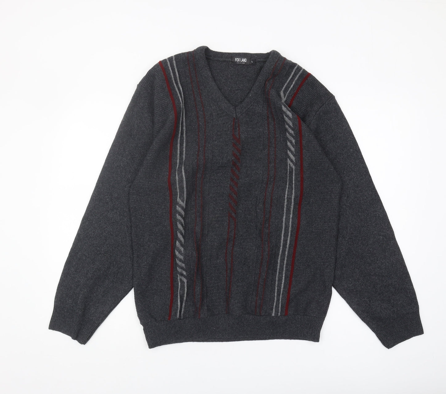 FOX LAND Men's Grey V-Neck Pullover Jumper L