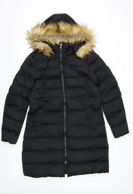 Boohoo Women's Black Puffer Jacket, Size 12 - Casual Hooded Coat