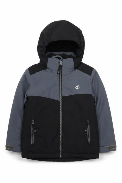 Front view of Dare 2b boys’ black grey colourblock puffer jacket 3-4 years