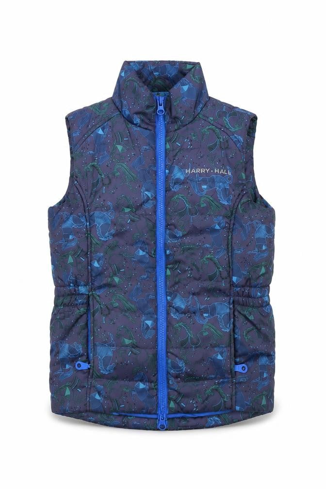 Front view of Harry Hall boys’ blue puffer vest 7-8 years, animal pattern