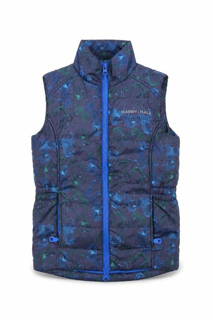 Front view of Harry Hall boys’ blue puffer vest 7-8 years, animal pattern