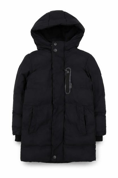 Front view of Next boys’ black puffer jacket, 3 years, mid-length winter coat