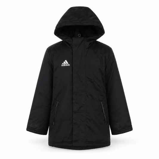 Front view of Adidas boys’ black jacket 2xs hooded zip casual