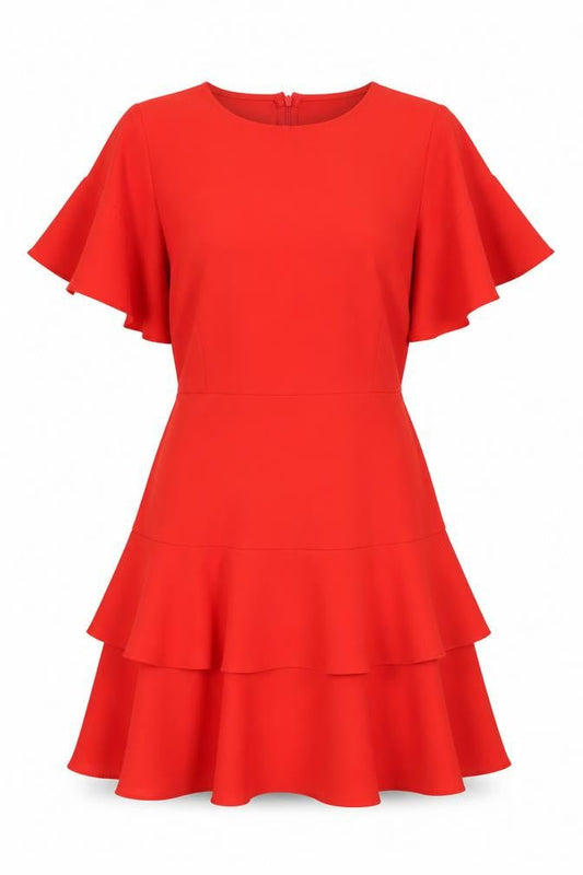 Front view of girls’ on film red flutter sleeve fit & flare dress
