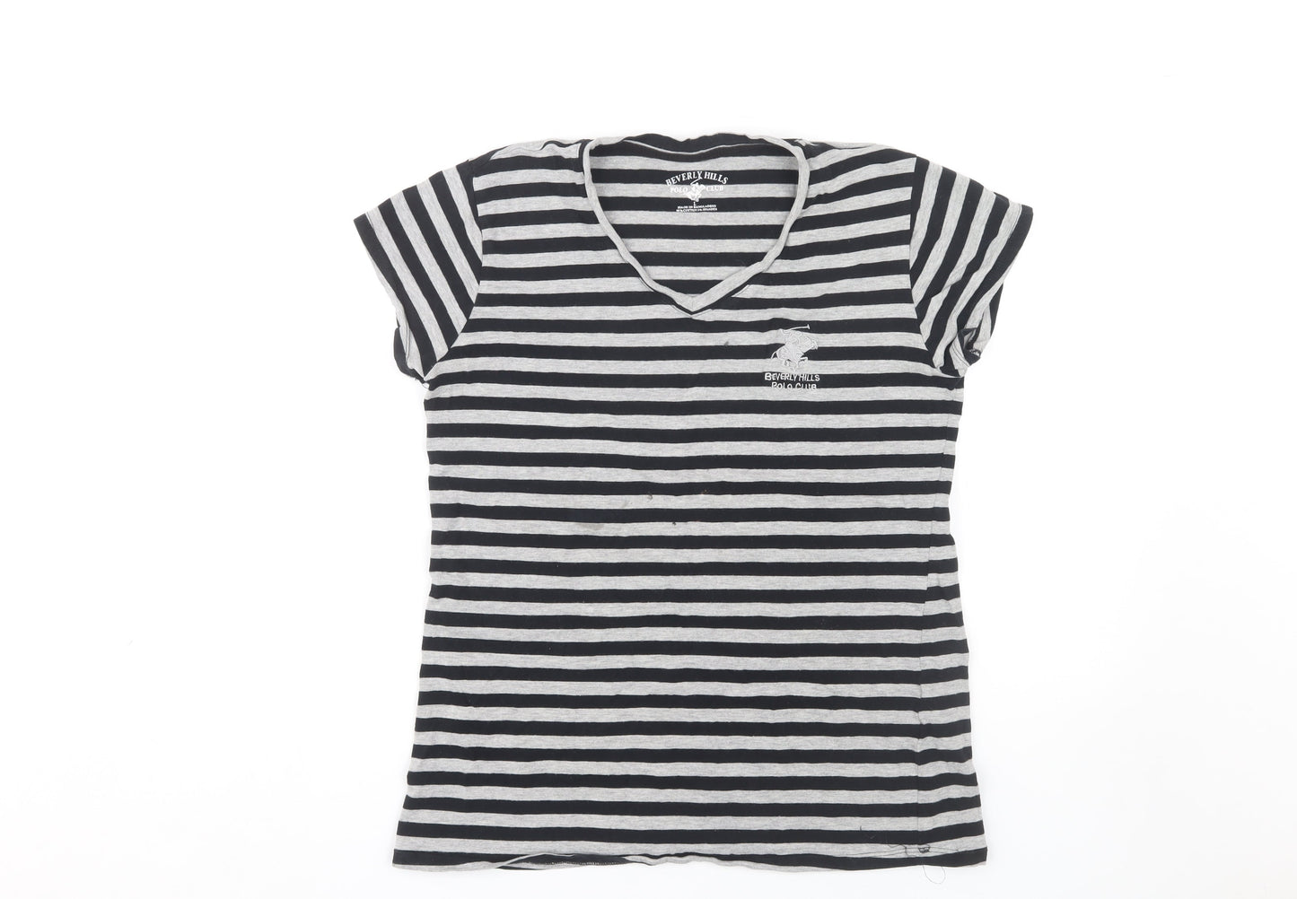 Beverly Hills Polo Club Women's Black Striped T-Shirt L