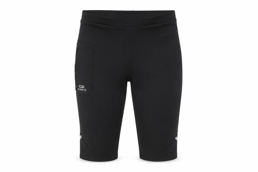 Front view of Decathlon girls’ black running shorts, size 14, years, reflective