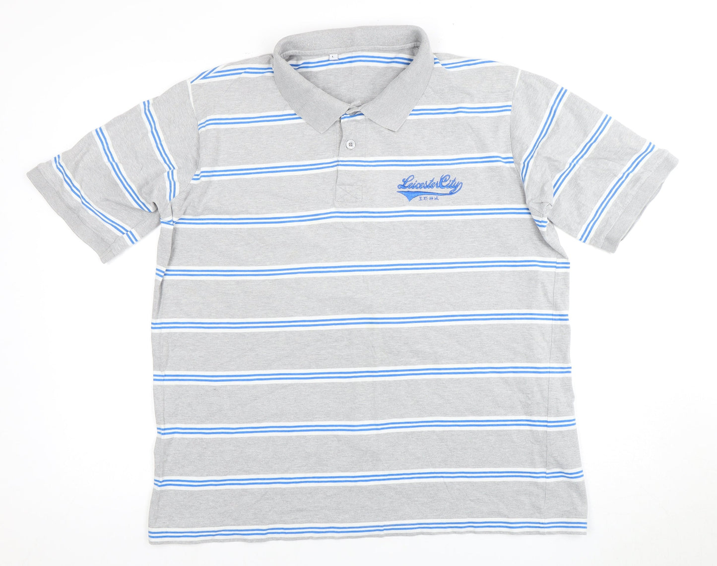 Leicester City Men's Grey Striped Polo Shirt L