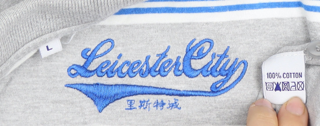 Leicester City Men's Grey Striped Polo Shirt L