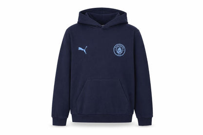 Front view of Puma boys’ blue hoodie, size L, pullover style, football theme