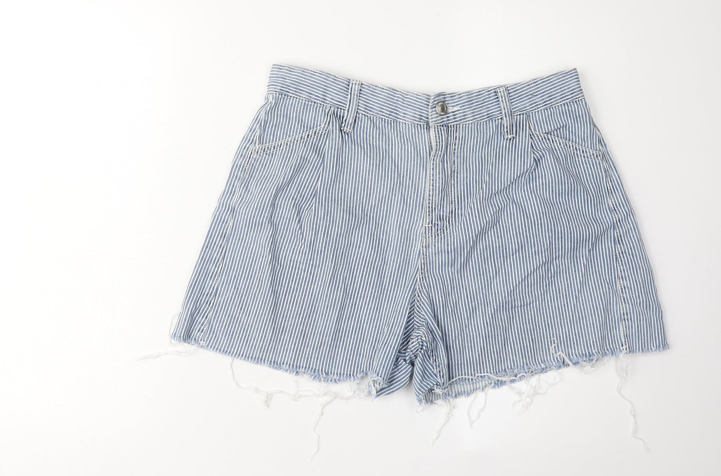 MNG Women's Blue Striped Cut-Off Cotton Shorts Size 10