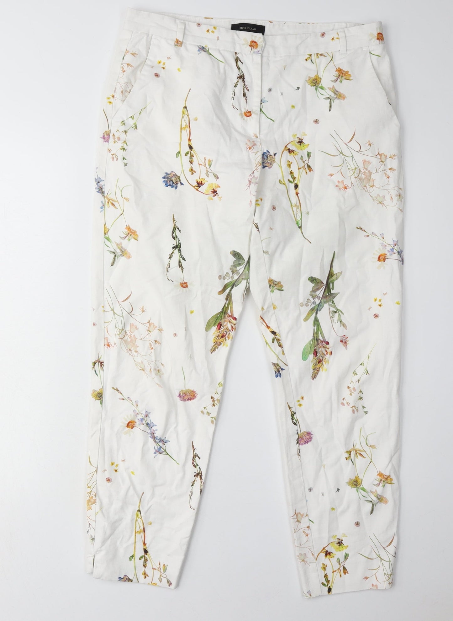 River Island Women's Floral Trousers, White, Size 12
