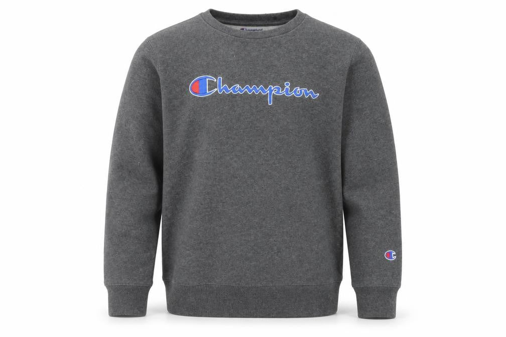 Front view of Champion boys’ grey pullover sweatshirt l logo print casual