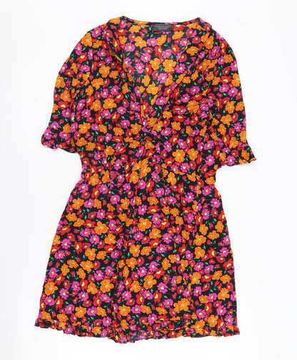 Zara Women's Floral V-Neck Dress, Size L, Multicoloured