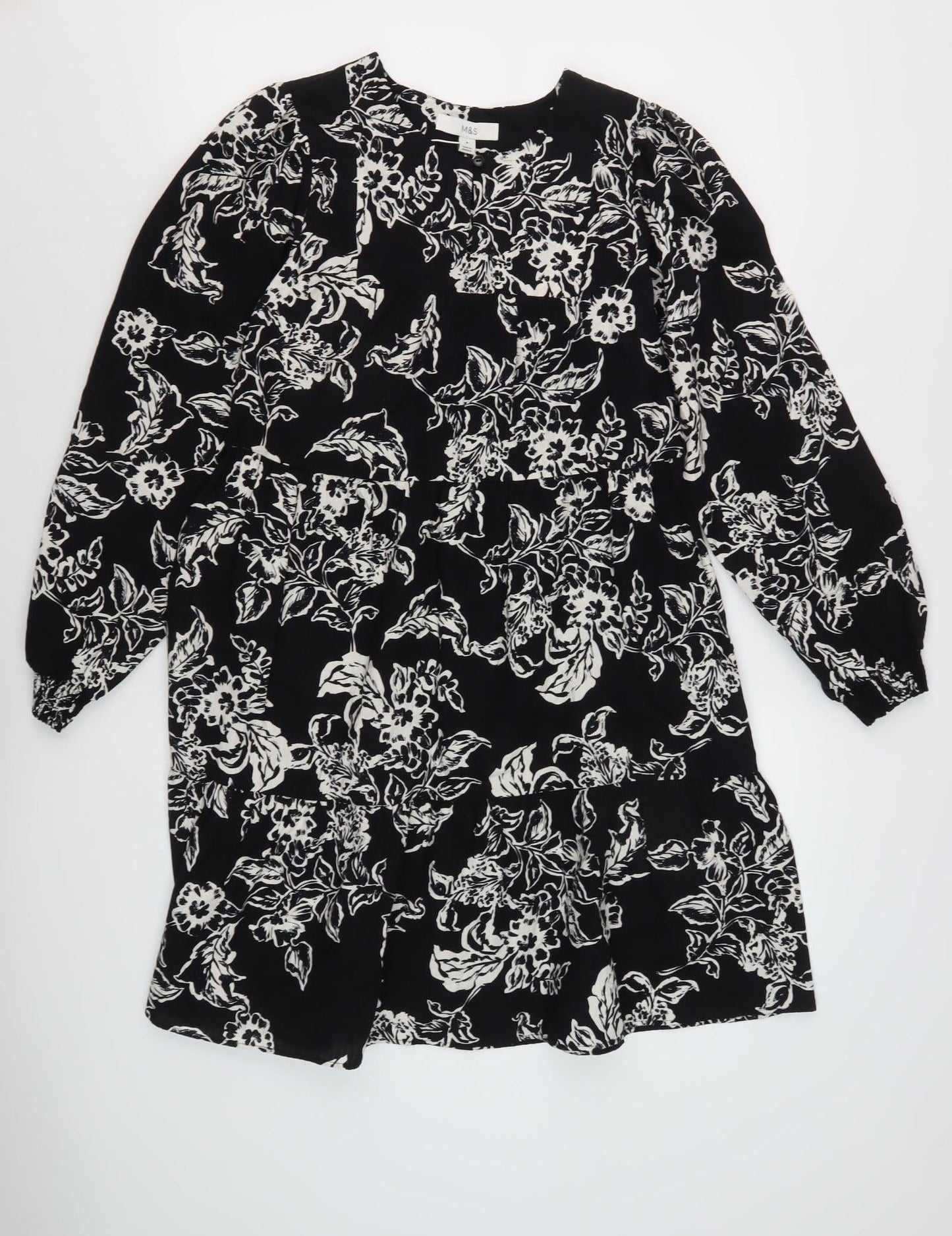 Marks and Spencer Floral Shift Dress, Size 10, Black, Long Sleeve