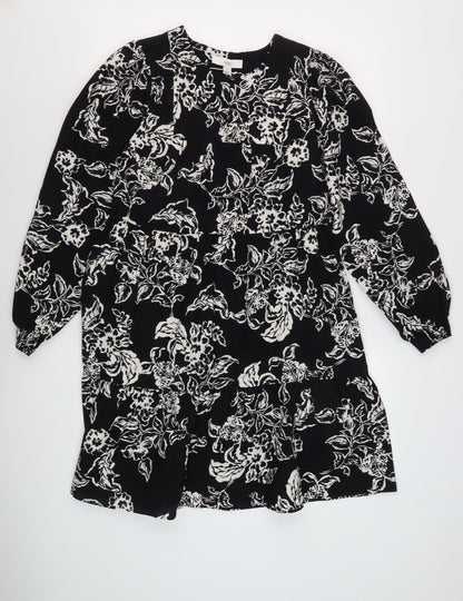 Marks and Spencer Floral Shift Dress, Size 10, Black, Long Sleeve