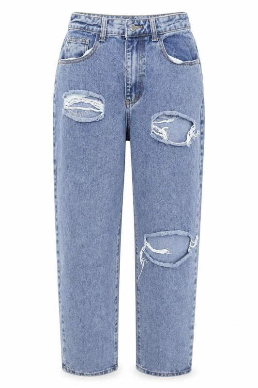 Front view of PRETTYLITTLETHING Petite Blue Boyfriend Jeans, size 8