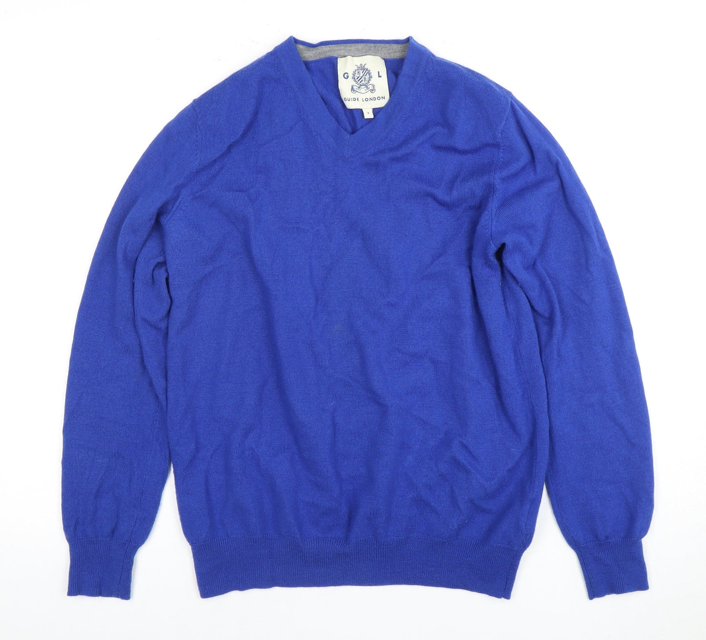 Guide London Men's Blue Wool V-Neck Pullover Jumper S