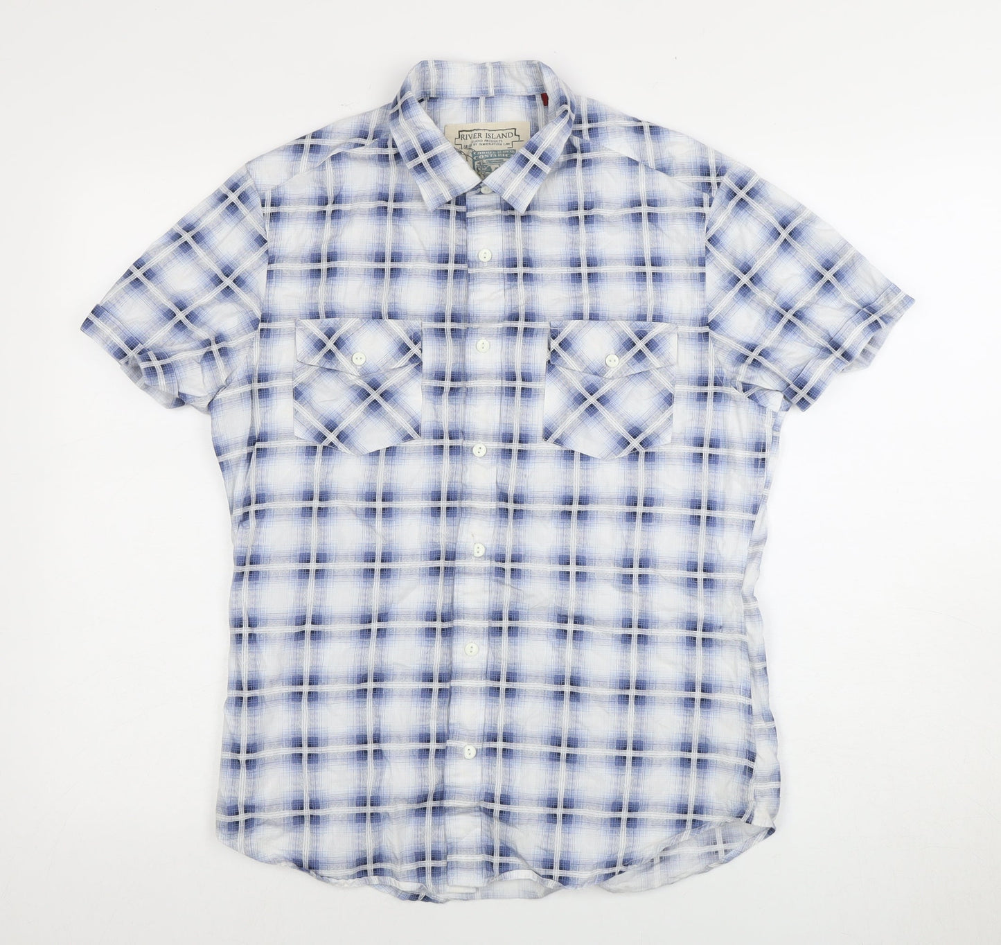 River Island Men's Blue Plaid Short Sleeve Shirt