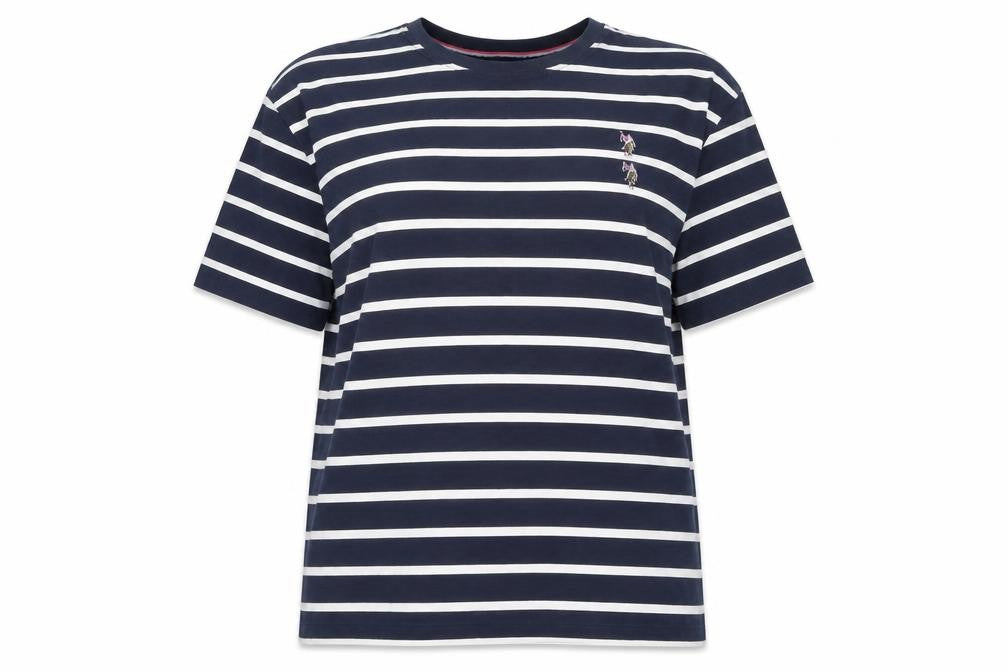 Front view of U.S. Polo Assn. unisex blue striped t-shirt, size 20, cotton