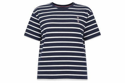 Front view of U.S. Polo Assn. unisex blue striped t-shirt, size 20, cotton