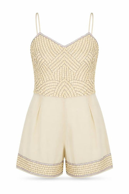TFNC Women's Beige Playsuit, Size S, Beaded Party Wear