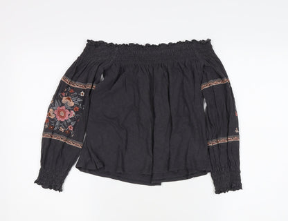 American Eagle Girls Black Floral Blouse S Off Shoulder