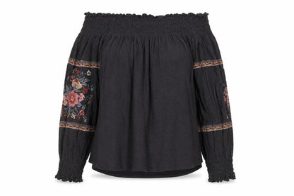 Front view of American Eagle girls’ black floral blouse s off shoulder
