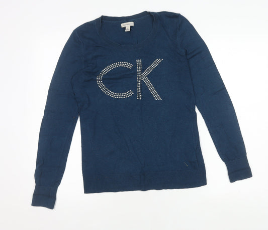 Calvin Klein Women's Blue Pullover Jumper, Size S, Logo Knit
