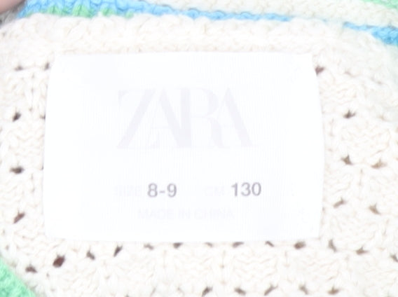 Zara Girls Ivory Crochet Jumper, Size 8-9, Short Sleeve Floral Design
