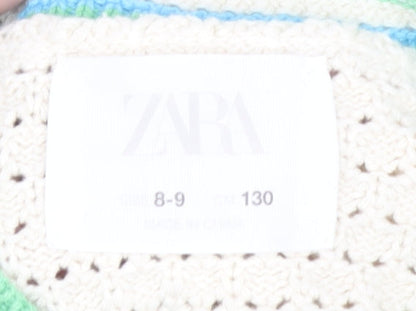 Zara Girls Ivory Crochet Jumper, Size 8-9, Short Sleeve Floral Design