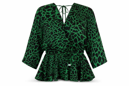 Asos Women Green Wrap Top V-Neck Animal Print Size 8