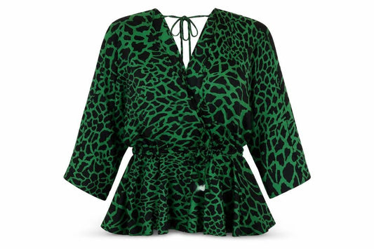 Asos Women Green Wrap Top V-Neck Animal Print Size 8