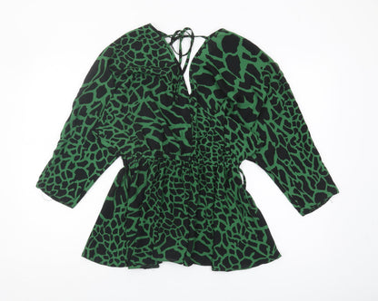 Asos Women Green Wrap Top V-Neck Animal Print Size 8