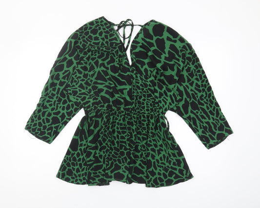 Asos Women Green Wrap Top V-Neck Animal Print Size 8