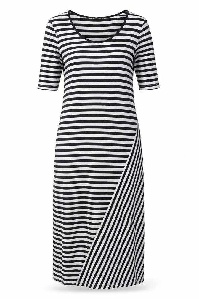 Oui Women's Black V-Neck Striped Shift Dress Size 14