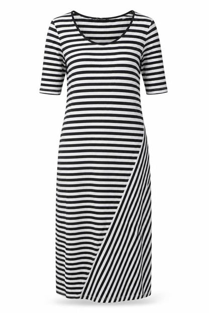 Oui Women's Black V-Neck Striped Shift Dress Size 14