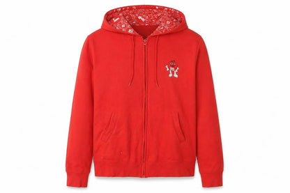 Front view of M&M's World Red Full Zip Hoodie, unisex s, casual fun