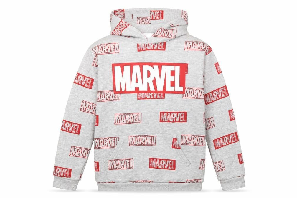 Front view of Marvel boys’ grey pullover hoodie, 9-10 years, graphic print