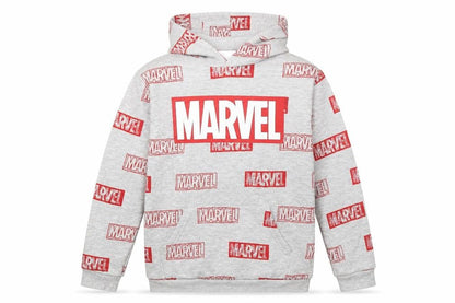Front view of Marvel boys’ grey pullover hoodie, 9-10 years, graphic print