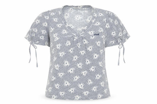 Front view of O'Neill Women's Blue Floral Cotton Blouse M Short Sleeve