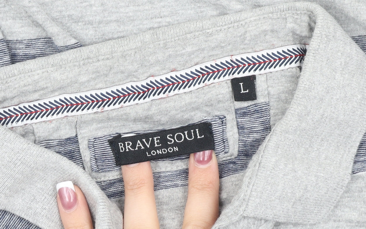 Brave Soul Men's Grey Striped Polo Large