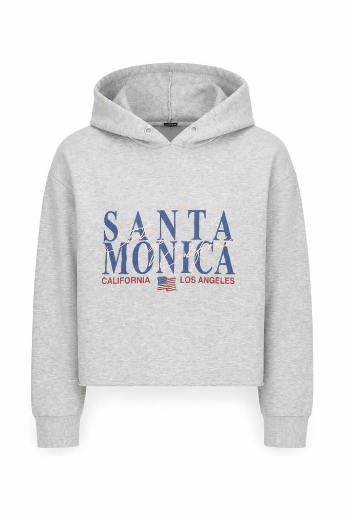 Front view of New Look girls’ grey pullover hoodie, size 12-13, graphic print