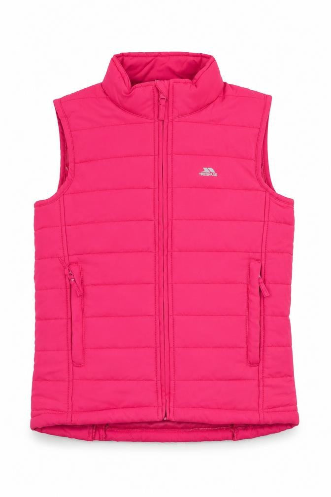 Front view of Trespass girls’ pink bodywarmer jacket 11 years