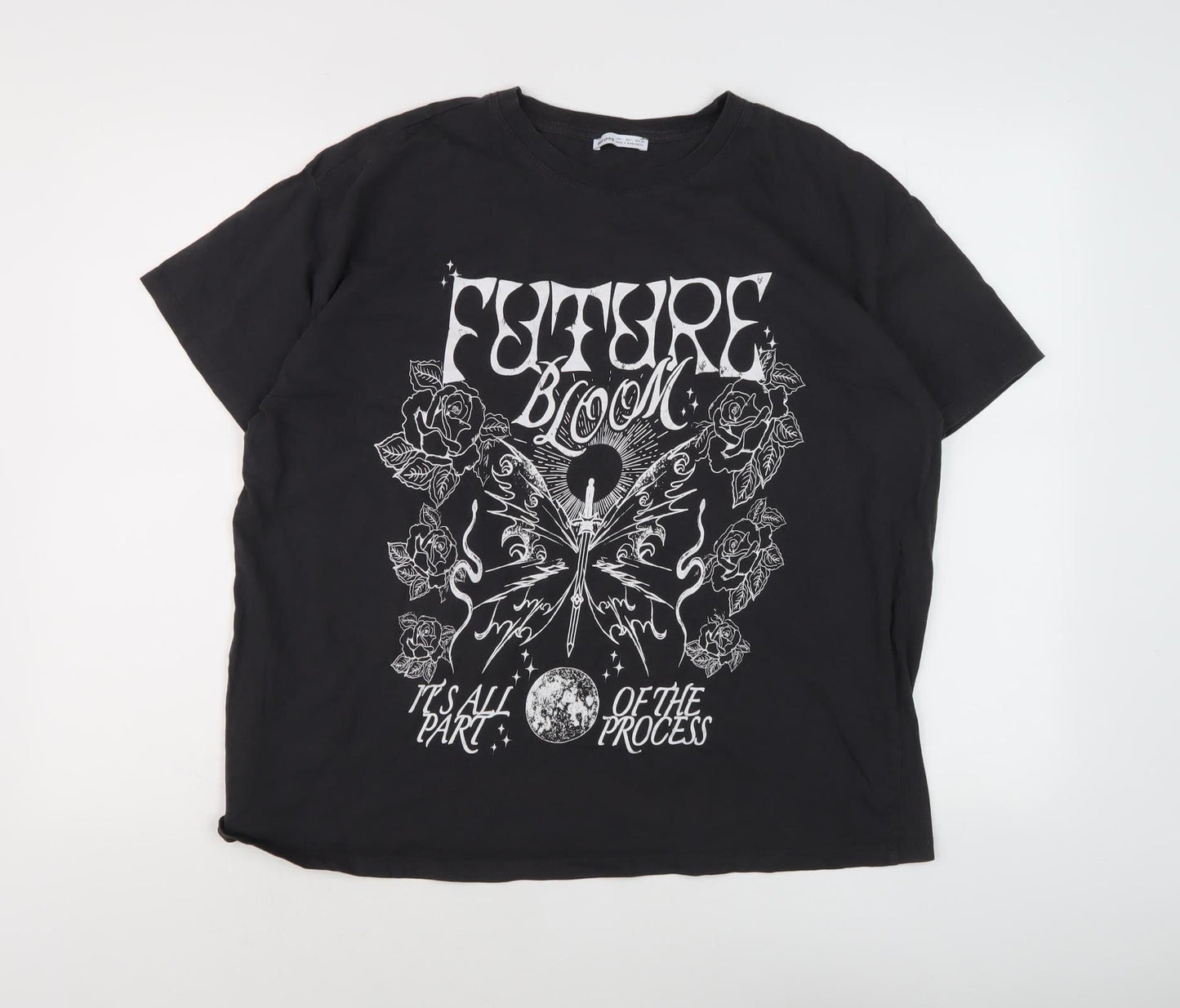 Bershka Black Graphic T-Shirt Unisex Size L Relaxed Fit