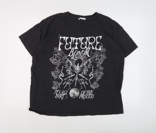 Bershka Black Graphic T-Shirt Unisex Size L Relaxed Fit