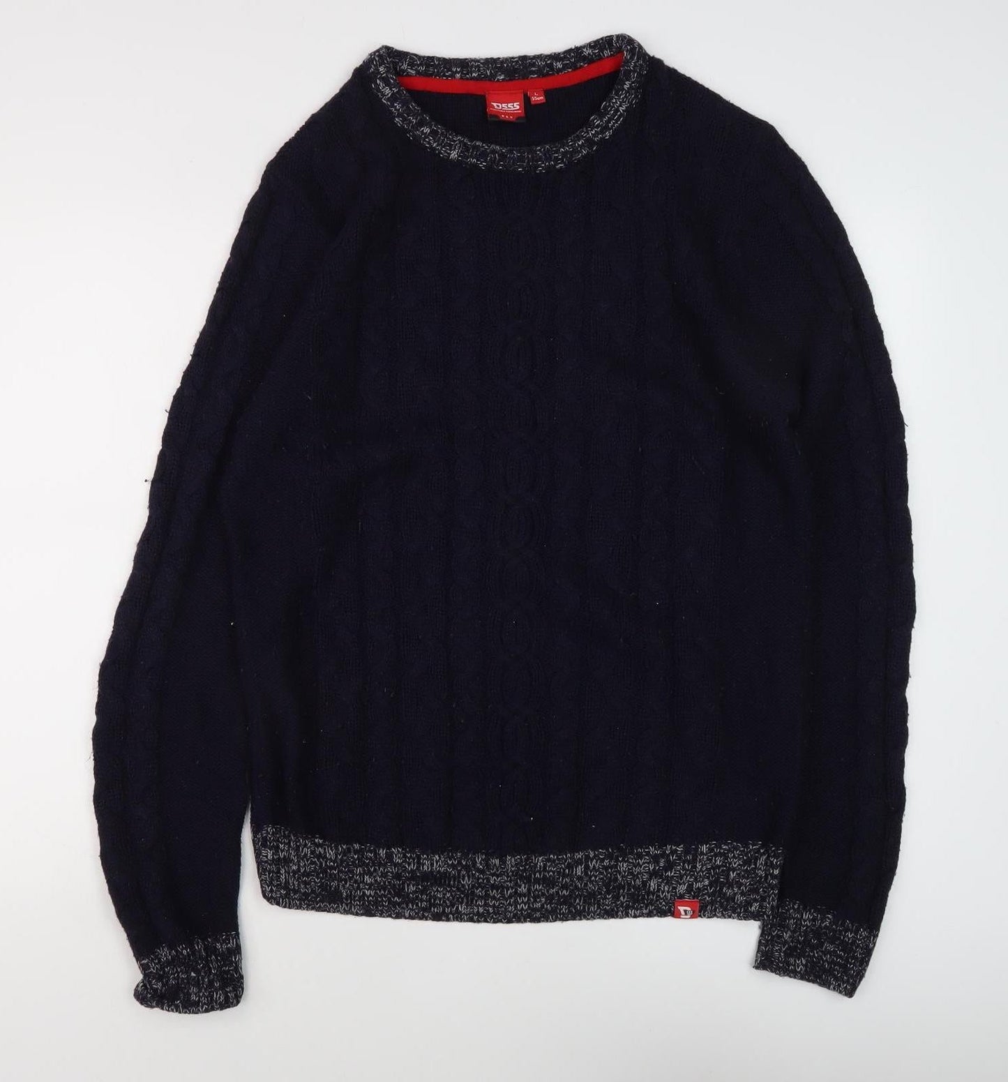 D555 Men's Blue Cable-Knit Pullover Jumper, Size L
