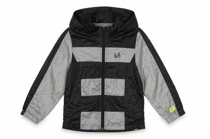 Front view of LA Gear boys’ black grey windbreaker jacket, size 110